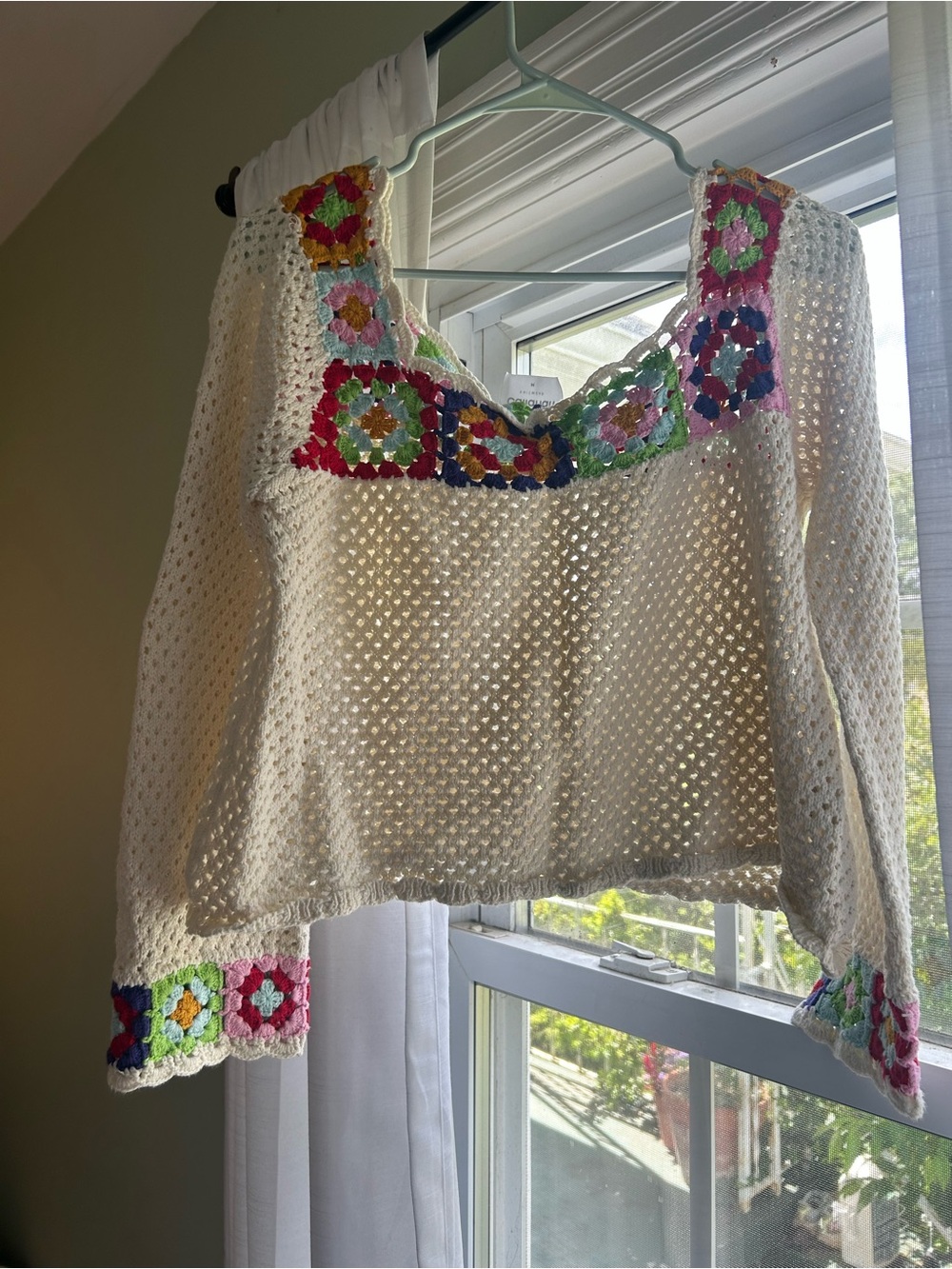 Callahan Crochet Cream Square-Neck Top with Multicolor Granny Squares